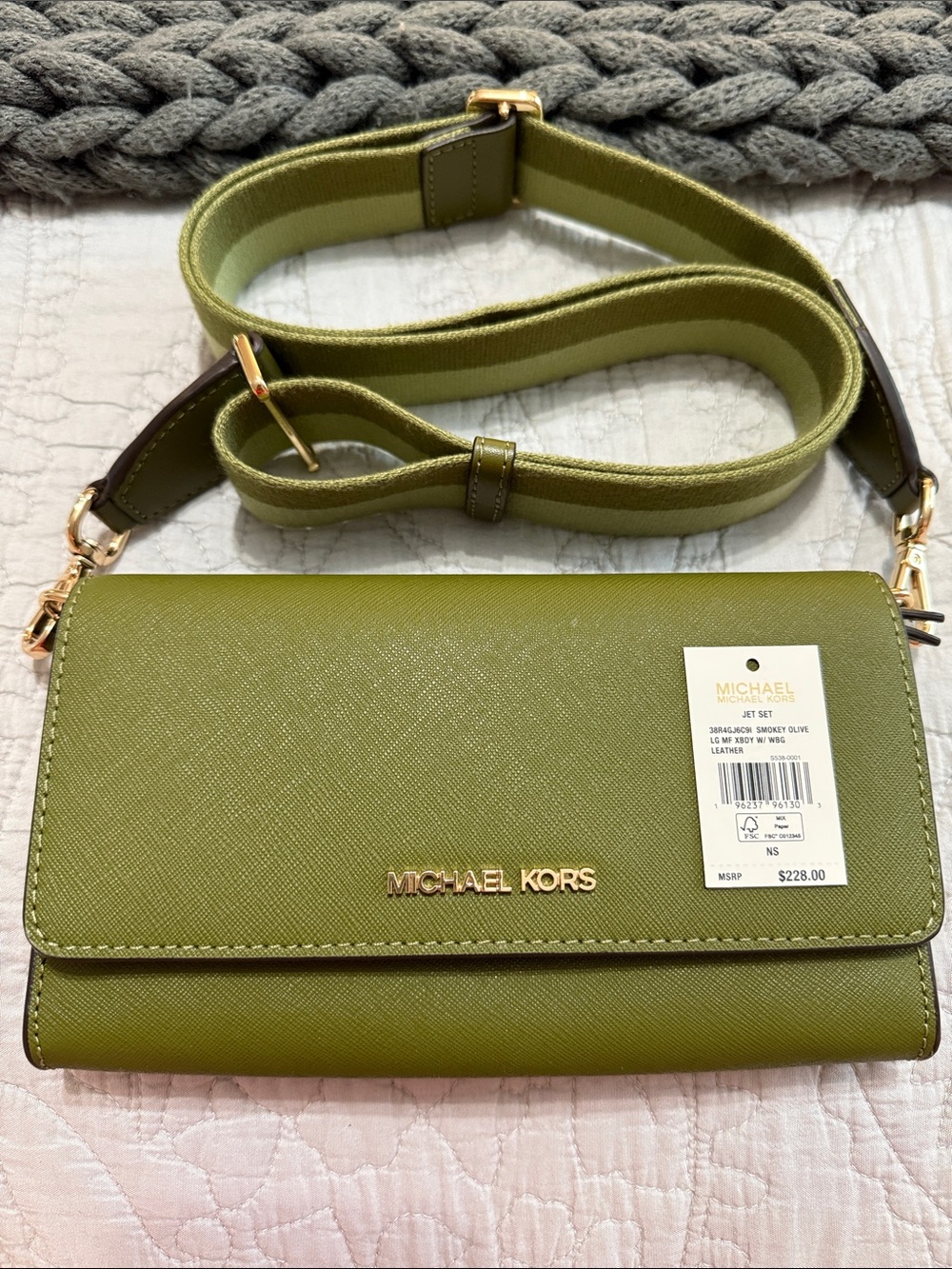 Michael Kors Jet Set Smokey Olive Green Leather Crossbody Wide Strap